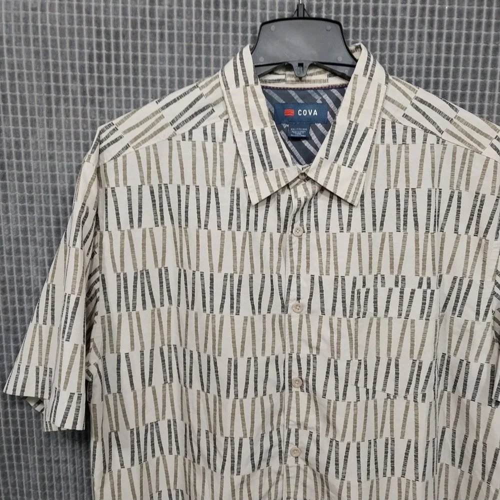 COVA Button Down Shirt Mens Abstract Geometric Tencel Blend XXL Cream Gray